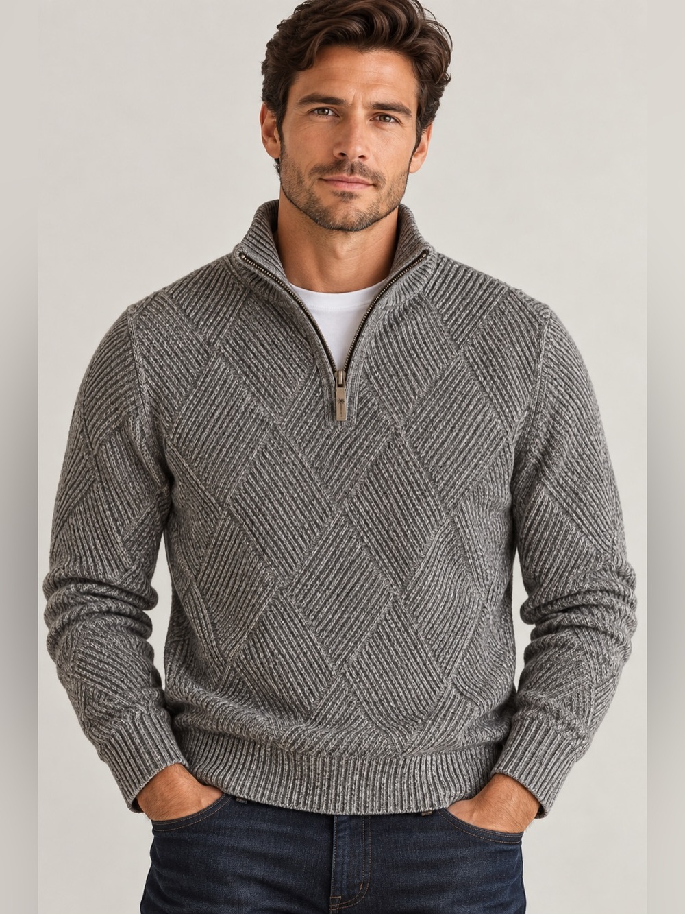 Tommy Bahama Pima Cotton 1/4 Zip Sweater Men L Gray Diamond Knit